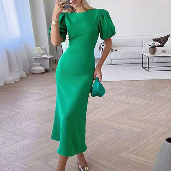 Lantern Sleeve Waist Trimming Fashion Slim Long Dress - Image 9