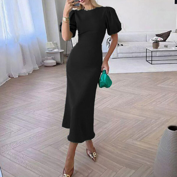 Lantern Sleeve Waist Trimming Fashion Slim Long Dress - Image 6