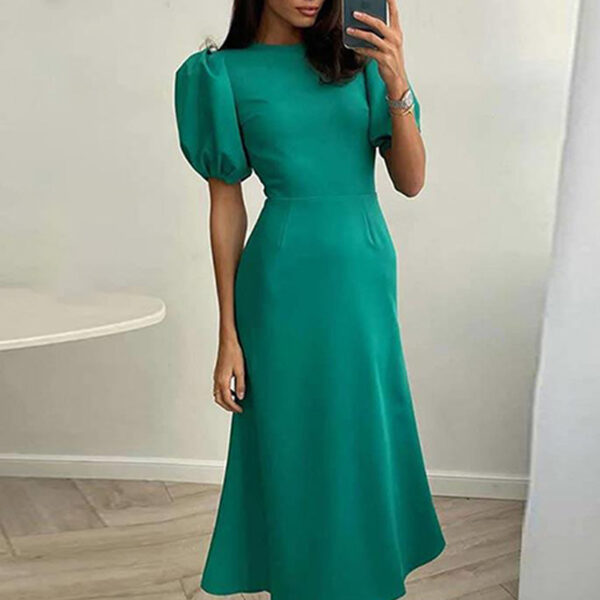 Lantern Sleeve Waist Trimming Fashion Slim Long Dress - Image 2