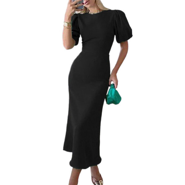 Lantern Sleeve Waist Trimming Fashion Slim Long Dress - Image 5