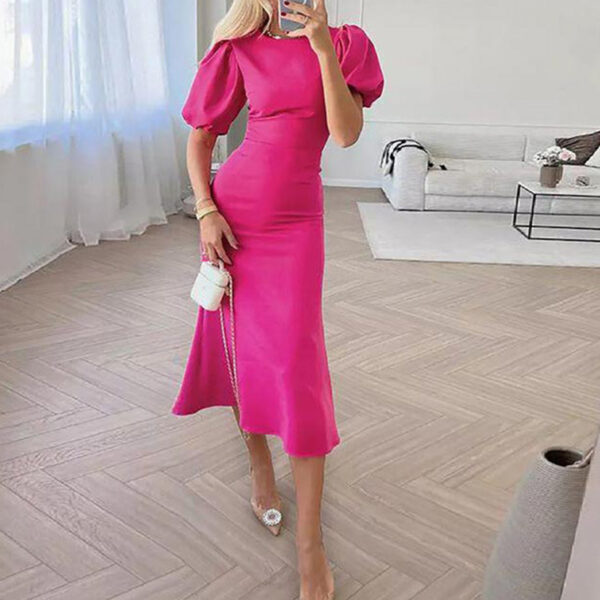 Lantern Sleeve Waist Trimming Fashion Slim Long Dress - Image 10